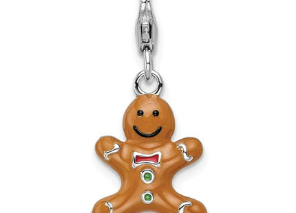 Amore La Vita Sterling Silver Rhodium-plated Polished 3-D Enameled Gingerbread Cookie Charm with Fancy Lobster Clasp