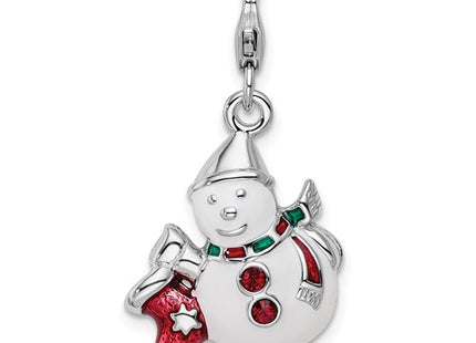 Amore La Vita Sterling Silver Rhodium-plated Polished 3-D Enameled with Crystal Snowman Charm with Fancy Lobster Clasp
