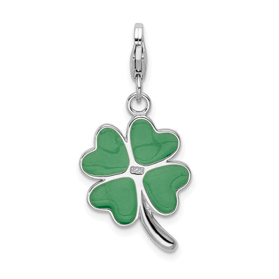 Amore La Vita Sterling Silver Rhodium-plated Polished 3-D Green Enameled 4 Leaf Clover and Clear Crystal LOVE Charm with Fancy Lobster Clasp