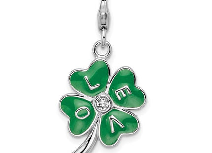Amore La Vita Sterling Silver Rhodium-plated Polished 3-D Green Enameled 4 Leaf Clover and Clear Crystal LOVE Charm with Fancy Lobster Clasp