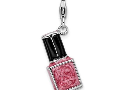 Amore La Vita Sterling Silver Rhodium-plated Polished 3-D Enameled Pink Nail Polish Bottle Charm with Fancy Lobster Clasp