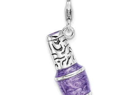 Amore La Vita Sterling Silver Rhodium-plated Polished 3-D Enameled Purple Nail Polish Bottle Charm with Fancy Lobster Clasp