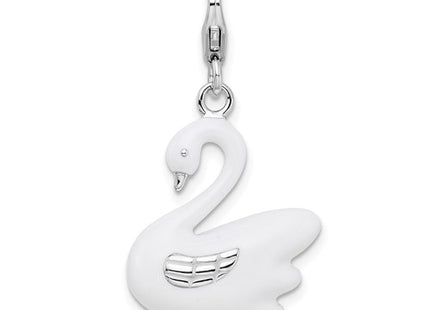 Amore La Vita Sterling Silver Rhodium-plated Polished 3-D Enameled Swan Charm with Fancy Lobster Clasp