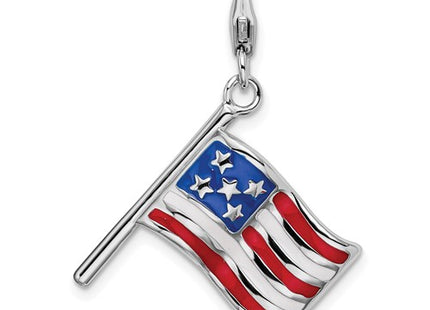 Amore La Vita Sterling Silver Rhodium-plated Polished Reversible Enameled American Flag Charm with Fancy Lobster Clasp