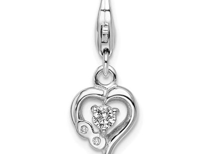 Amore La Vita Sterling Silver Rhodium-plated Polished CZ Heart Charm with Fancy Lobster Clasp