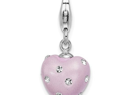 Amore La Vita Sterling Silver Rhodium-plated Polished 3-D Purple Ferido Stellux Crystal Heart Charm with Fancy Lobster Clasp
