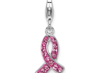 Amore La Vita Sterling Silver Rhodium-plated Polished Stellux Crystal Pink Awareness Charm with Fancy Lobster Clasp