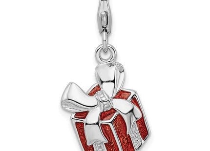 Amore La Vita Sterling Silver Rhodium-plated Polished Red Enameled Present Charm with Fancy Lobster Clasp