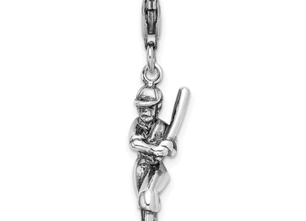 Amore La Vita Sterling Silver Rhodium-plated Polished 3-D Antiqued Baseball Player Charm with Fancy Lobster Clasp