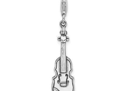 Amore La Vita Sterling Silver Rhodium-plated Polished 3-D Antiqued Violin Charm with Fancy Lobster Clasp