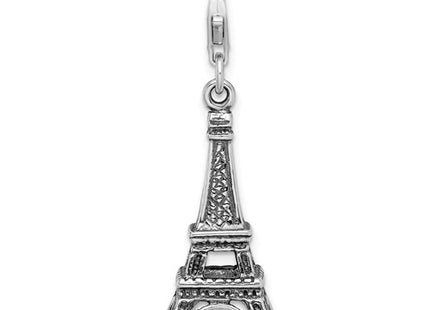 Amore La Vita Sterling Silver Rhodium-plated Polished 3-D Antiqued Eiffel Tower Charm with Fancy Lobster Clasp