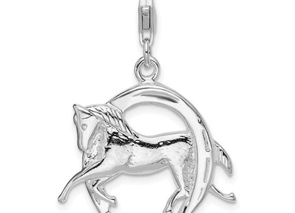 Amore La Vita Sterling Silver Rhodium-plated Polished 3-D Horse in Horseshoe Charm with Fancy Lobster Clasp