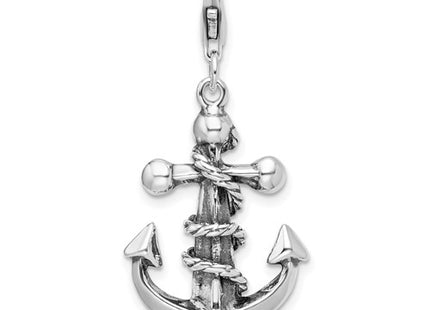 Amore La Vita Sterling Silver Rhodium-plated Polished 3-D Antiqued Anchor and Rope Charm with Fancy Lobster Clasp