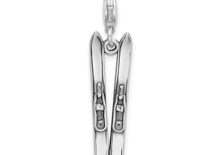 Amore La Vita Sterling Silver Rhodium-plated Polished 3-D Antiqued Skis Charm with Fancy Lobster Clasp