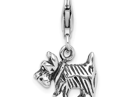 Amore La Vita Sterling Silver Rhodium-plated Polished 3-D Antiqued Scottie Dog Charm with Fancy Lobster Clasp