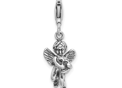 Amore La Vita Sterling Silver Rhodium-plated Polished 3-D Antiqued Angel with Harp Charm with Fancy Lobster Clasp
