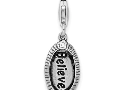 Amore La Vita Sterling Silver Rhodium-plated Polished Antiqued BELIEVE Charm with Fancy Lobster Clasp