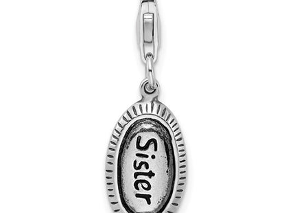 Amore La Vita Sterling Silver Rhodium-plated Polished Antiqued SISTER Charm with Fancy Lobster Clasp