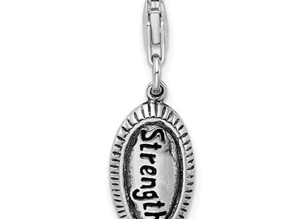 Amore La Vita Sterling Silver Rhodium-plated Polished Antiqued STRENGTH Charm with Fancy Lobster Clasp