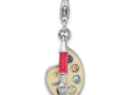 Amore La Vita Sterling Silver Rhodium-plated Polished 3-D CZ Enameled Artist Palette Charm with Fancy Lobster Clasp