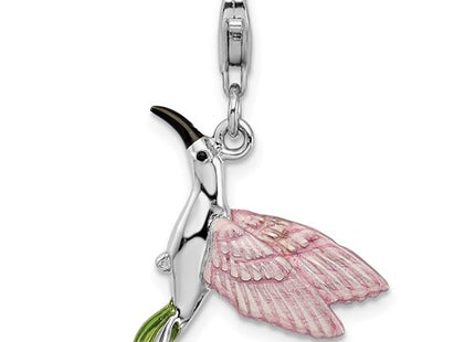 Amore La Vita Sterling Silver Rhodium-plated Polished 3-D Enameled Hummingbird Charm with Fancy Lobster Clasp