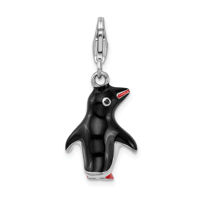 Amore La Vita Sterling Silver Rhodium-plated Polished 3-D Enameled Penguin Charm with Fancy Lobster Clasp, 37 x 12mm