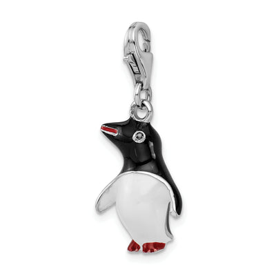 Amore La Vita Sterling Silver Rhodium-plated Polished 3-D Enameled Penguin Charm with Fancy Lobster Clasp, 37 x 12mm