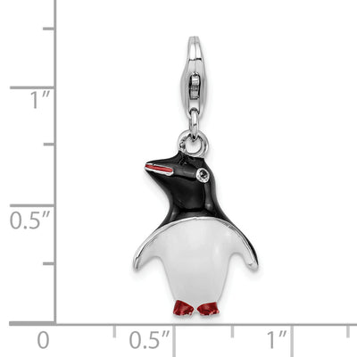 Amore La Vita Sterling Silver Rhodium-plated Polished 3-D Enameled Penguin Charm with Fancy Lobster Clasp, 37 x 12mm