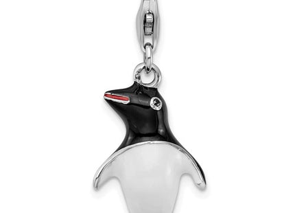 Amore La Vita Sterling Silver Rhodium-plated Polished 3-D Enameled Penguin Charm with Fancy Lobster Clasp