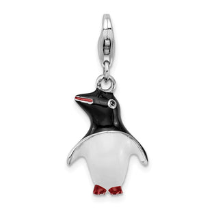 Amore La Vita Sterling Silver Rhodium-plated Polished 3-D Enameled Penguin Charm with Fancy Lobster Clasp (Style QCC709)