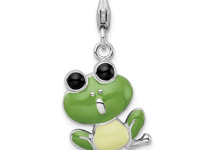 Amore La Vita Sterling Silver Rhodium-plated Polished Enameled Frog Charm with Fancy Lobster Clasp
