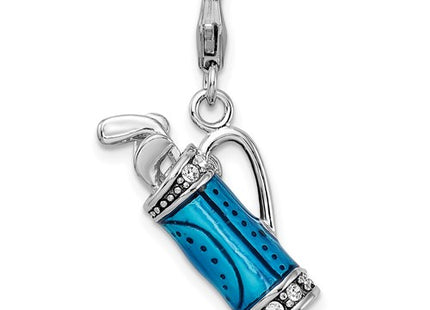 Amore La Vita Sterling Silver Rhodium-plated Polished 3-D Enameled Golf Bag and Clubs Charm with Fancy Lobster Clasp