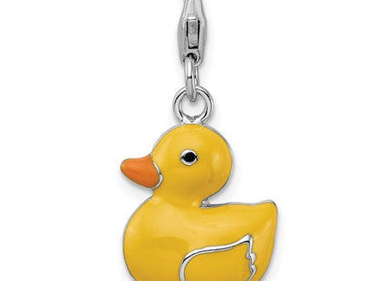 Amore La Vita Sterling Silver Rhodium-plated Polished Enameled 3-D Duck Charm with Fancy Lobster Clasp