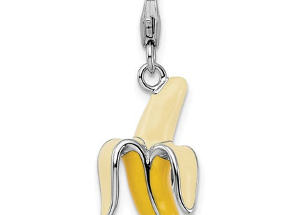 Amore La Vita Sterling Silver Rhodium-plated Polished 3-D Enameled Peeled Banana Charm with Fancy Lobster Clasp