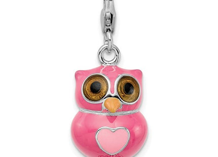 Amore La Vita Sterling Silver Rhodium-plated Polished 3-D Pink Enameled Heart Owl Charm with Fancy Lobster Clasp