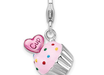 Amore La Vita Sterling Silver Rhodium-plated Polished 3-D Enameled Cupcake and Heart Charm with Fancy Lobster Clasp