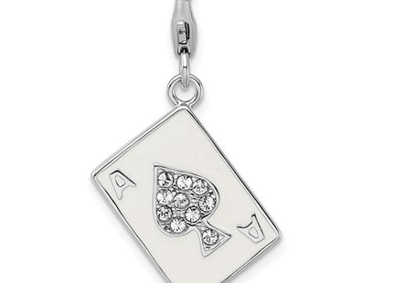 Amore La Vita Sterling Silver Rhodium-plated Polished 3-D Enameled Swarovski Crystal Ace Charm with Fancy Lobster Clasp