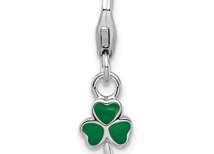 Amore La Vita Sterling Silver Rhodium-plated Polished 3-D Green Enameled Clover Charm with Fancy Lobster Clasp
