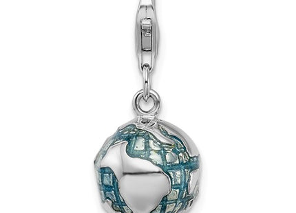 Amore La Vita Sterling Silver Rhodium-plated Polished 3-D Enameled World Globe Charm with Fancy Lobster Clasp