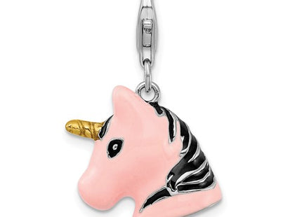 Amore La Vita Sterling Silver Rhodium-plated Polished 3-D Pink Enameled Unicorn Head Charm with Fancy Lobster Clasp