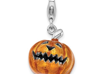 Amore La Vita Sterling Silver Rhodium-plated Polished 3-D Enameled Jack o Lantern Charm with Fancy Lobster Clasp