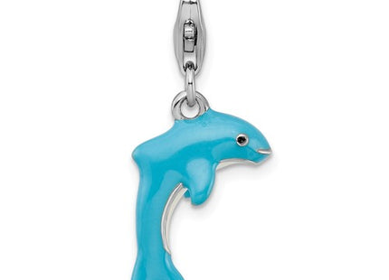 Amore La Vita Sterling Silver Rhodium-plated Polished 3-D Enameled Dolphin Charm with Fancy Lobster Clasp