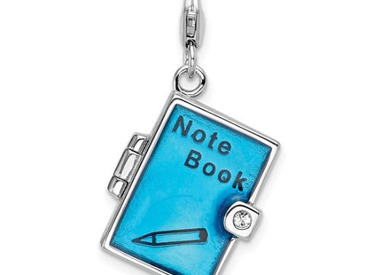 Amore La Vita Sterling Silver Rhodium-plated Polished 3-D Moveable Crystal Enameled 3-D Note Book Charm with Fancy Lobster Clasp
