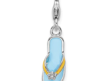Amore La Vita Sterling Silver Rhodium-plated Polished 3-D Enameled Flower Flip Flop Charm with Fancy Lobster Clasp