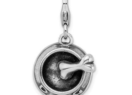 Amore La Vita Sterling Silver Rhodium-plated Polished 3-D Dog Bowl and Bone Charm with Fancy Lobster Clasp