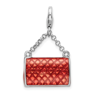 Amore La Vita Sterling Silver Rhodium-plated Polished 3-D Enameled with Swarovski Crystal Purse Charm with Fancy Lobster Clasp