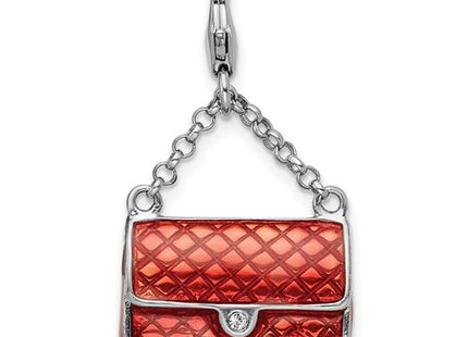 Amore La Vita Sterling Silver Rhodium-plated Polished 3-D Enameled with Swarovski Crystal Purse Charm with Fancy Lobster Clasp