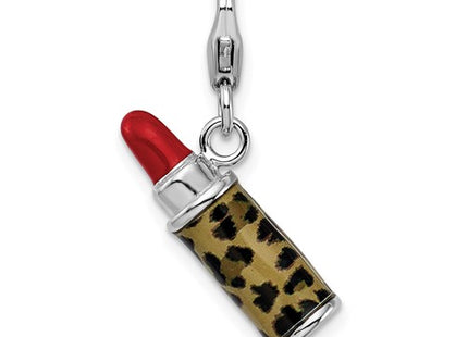 Amore La Vita Sterling Silver Rhodium-plated Polished 3-D Enameled Leopard Lipstick Charm with Fancy Lobster Clasp