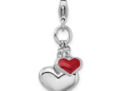 Amore La Vita Sterling Silver Rhodium-plated Polished 3-D Red Enameled Double Heart Charm with Fancy Lobster Clasp