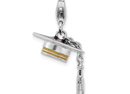 Amore La Vita Sterling Silver Rhodium-plated and Gold-tone Polished 3-D Moveable Enameled Graduation Cap and Tassel Charm with Fancy Lobster Clasp